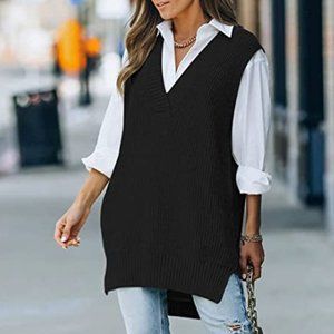 Oversized V Neck Knit Sweater, Vest Tunic  XL